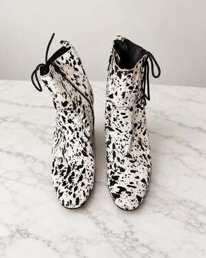 Matisse Black and White Calf Hair Cow Print Lace Up Block Heel Ankle Boots- Size
